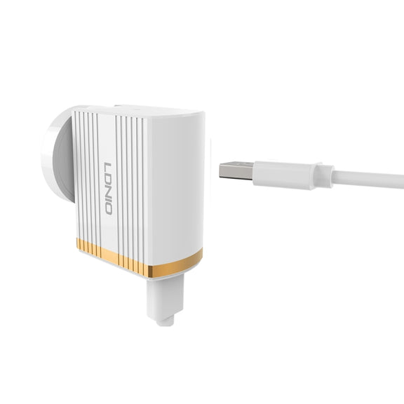 LDNIO A1302Q 2 in 1 18W QC3.0 USB Interface Grid Shape Travel Charger Mobile Phone Charger with 8 Pin Data Cable, UK Plug