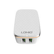 LDNIO A2204 2 in 1 12W Dual USB Interface Travel Charger Mobile Phone Charger with 8 Pin Data Cable, UK Plug