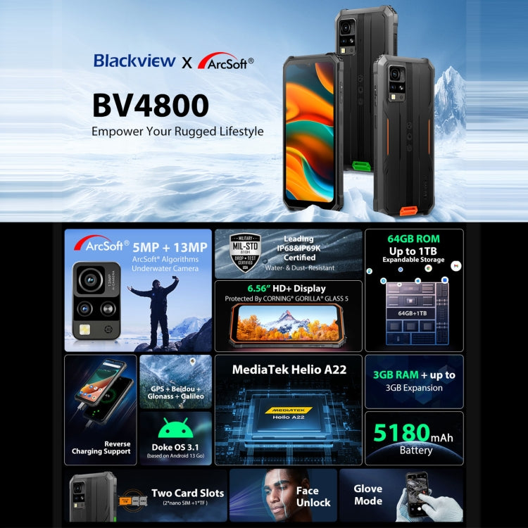 Blackview BV4800, 3GB+64GB, IP68/IP69K/MIL-STD-810H, 6.56 inch Android 13 MediaTek MT6761V/WB Helio A22 Quad Core, Network: 4G, OTG(Black) - free shipping - PMC TechLife - Order now!