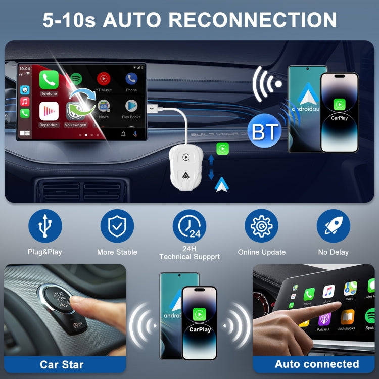 THT-020-9 USB + USB-C / Type-C Wired to Wireless Carplay / Android Auto Adapter(White)