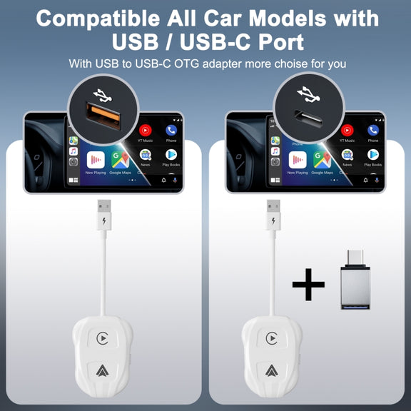 THT-020-9 USB + USB-C / Type-C Wired to Wireless Carplay / Android Auto Adapter(White)