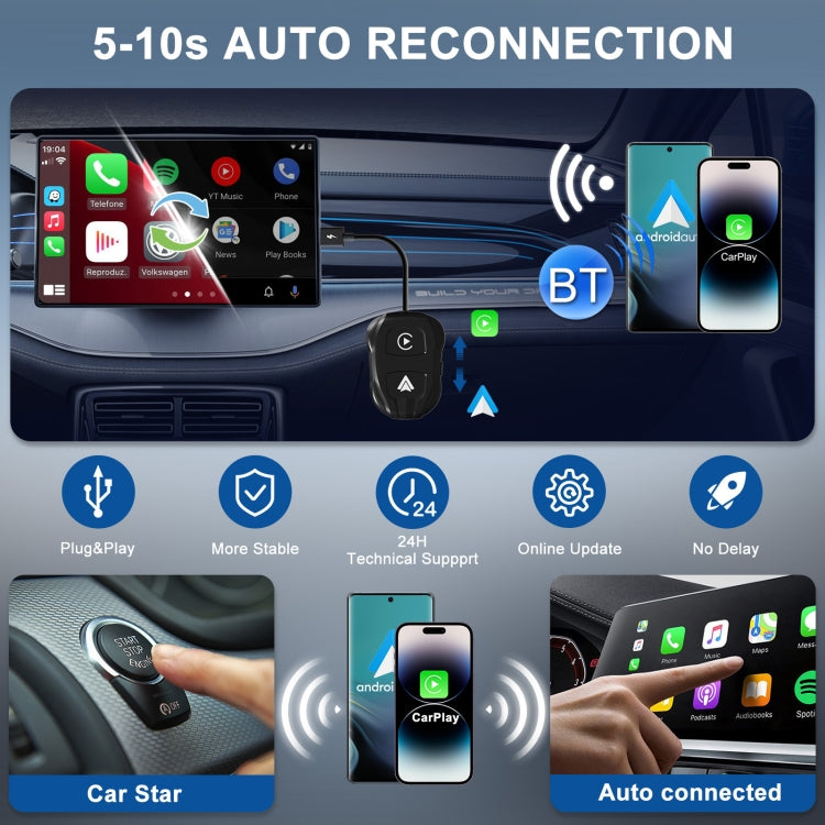 THT-020-9 USB + USB-C / Type-C Wired to Wireless Carplay / Android Auto Adapter(Black)