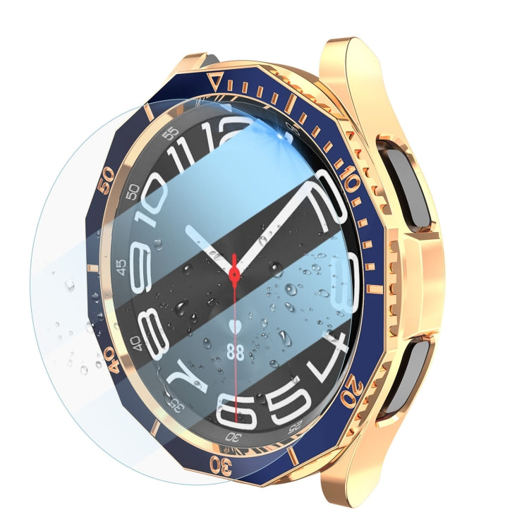 For Samsung Galaxy Watch6 Classic 47mm R960 Electroplate PC Case + Tempered Film + Watch Bezel Ring Set(Blue+Rose Gold) - Watch Cases by PMC TechLife | Online Shopping South Africa | PMC TechLife