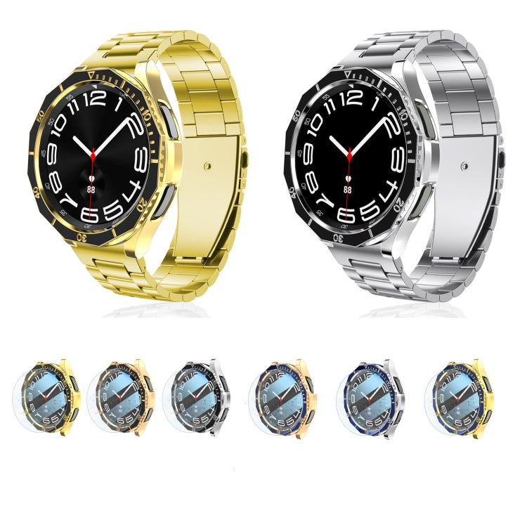 For Samsung Galaxy Watch6 Classic 47mm R960 Electroplate PC Case + Tempered Film + Watch Bezel Ring Set(Blue+Silver)