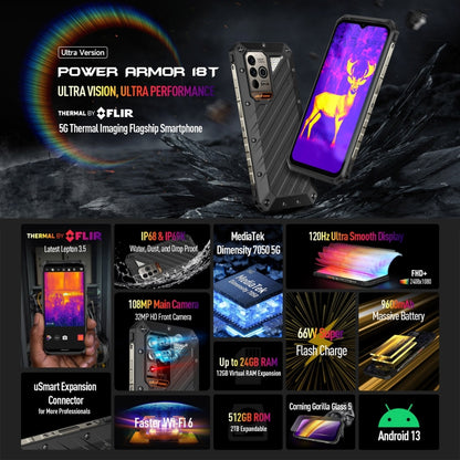 Ulefone Power Armor 18T Ultra Version 5G Thermal Imaging Rugged Phone, 12GB+512GB, Side Fingerprint, 6.58 inch Android 13 MediaTek Dimensity 7050 Octa Core up to 2.6GHz, Network: 5G, NFC, OTG(Black) - free shipping - PMC Jewellery - Order now!