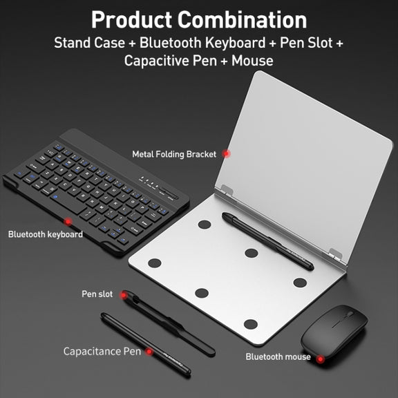 GKK Metal Folding Holder + Bluetooth Keyboard + Pen + Pen Slots + Mouse Set(Black)