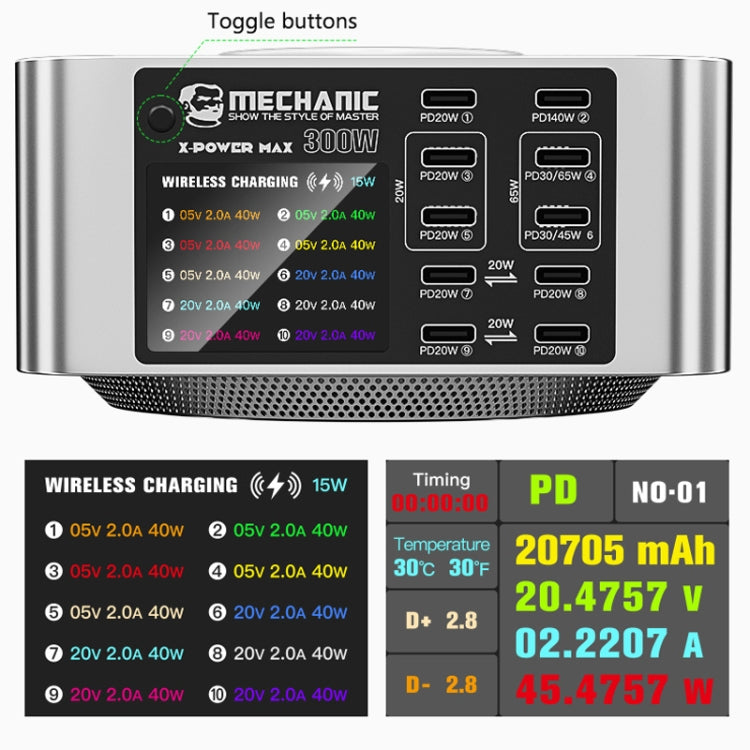 Mechanic X-Power Series Multiport Digital Display USB Charger Station with Wireless Charging, Total Power:300W(US Plug) - free shipping - PMC TechLife - Order now!