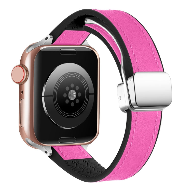 For Apple Watch Series 5 40mm Magnetic Folding Leather Silicone Watch Band(Rose Pink on Black)
