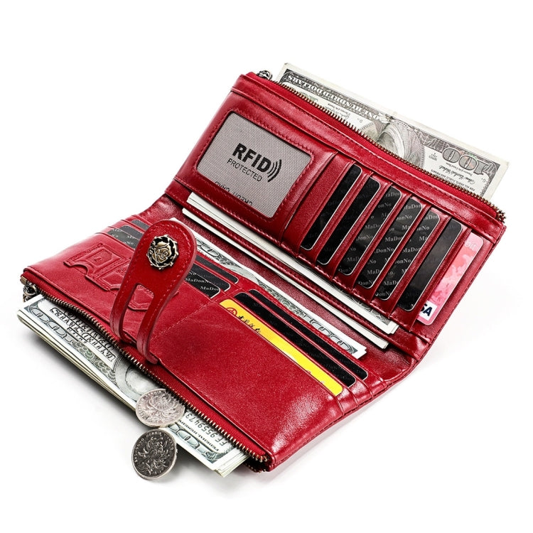 3513 Antimagnetic RFID Multi-function Retro Leather Lady Wallet Large-capacity Purse with Card Holder(Red)