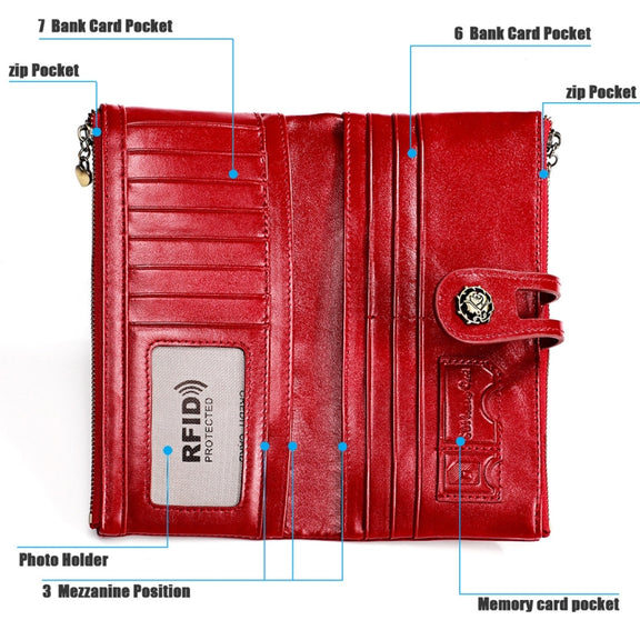 3513 Antimagnetic RFID Multi-function Retro Leather Lady Wallet Large-capacity Purse with Card Holder(Red)