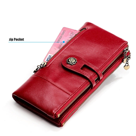 3513 Antimagnetic RFID Multi-function Retro Leather Lady Wallet Large-capacity Purse with Card Holder(Red)