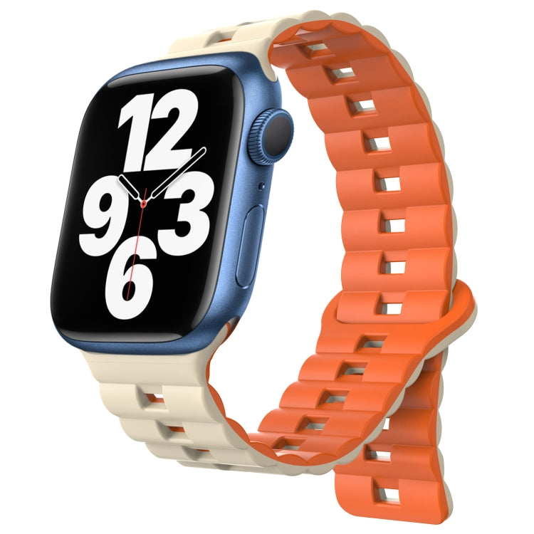 For Apple Watch Series 7 45mm Reverse Buckle Two Color Magnetic Silicone Watch Band(Starlight+Orange) - free shipping - PMC TechLife - Order now!