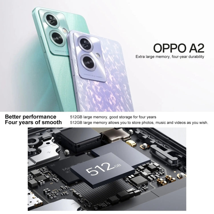 OPPO A2, 12GB+512GB, Side Fingerprint,  6.72 inch ColorOS 13.1 Dimensity 6020 Octa Core up to 2.2GHz, OTG, Network: 5G(Glowing Green) - free shipping - PMC TechLife - Order now!