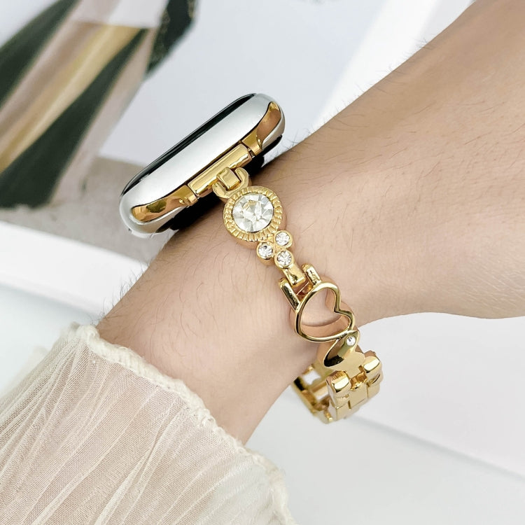 For Apple Watch 38mm Diamond Hearts Metal Chain Watch Band(Gold)
