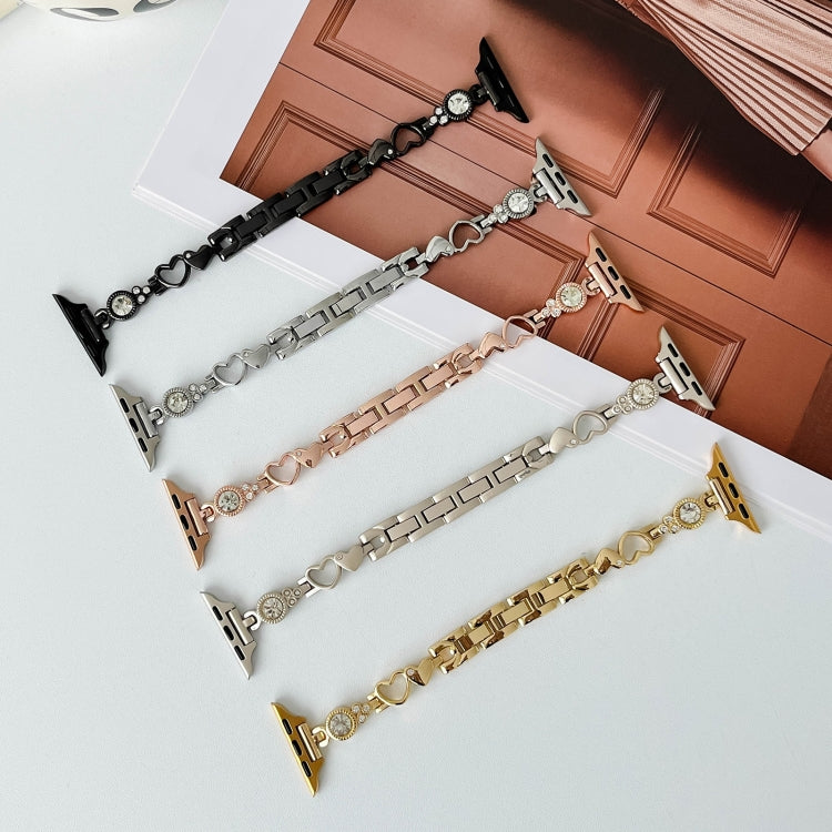 For Apple Watch 38mm Diamond Hearts Metal Chain Watch Band(Gold)