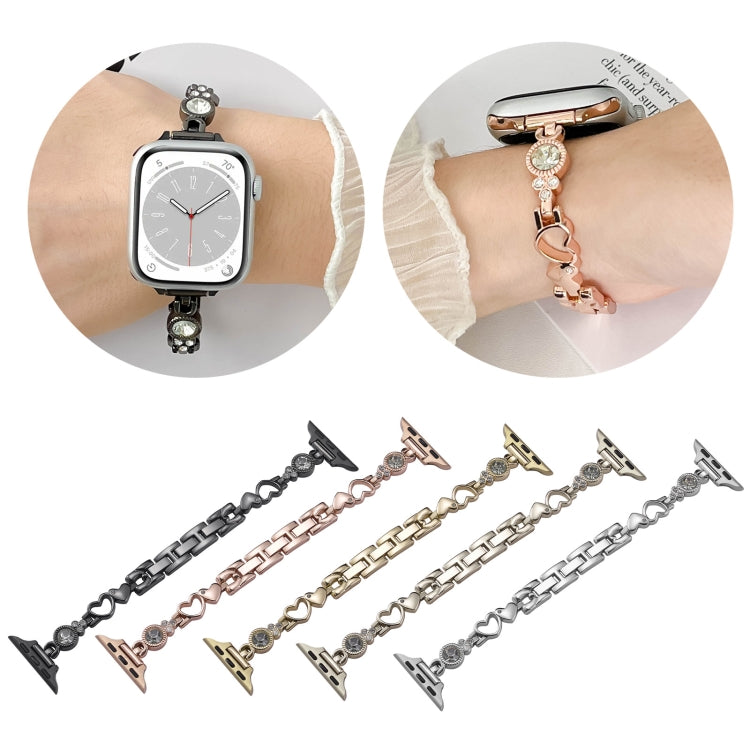 For Apple Watch Series 3 42mm Diamond Hearts Metal Chain Watch Band(Silver)