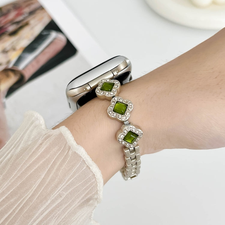 For Apple Watch Series 9 41mm Diamond Four-leaf Clover Metal Chain Watch Band(Starlight)