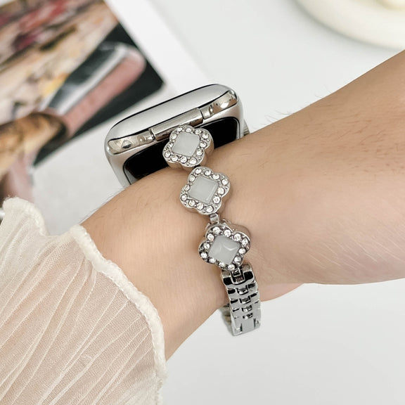 For Apple Watch Series 5 44mm Diamond Four-leaf Clover Metal Chain Watch Band(Silver)