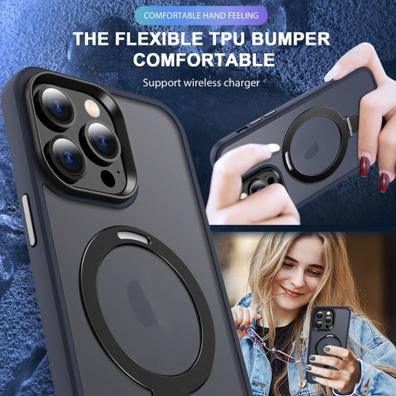 For iPhone 15 Pro Max Skin-feel MagSafe Holder PC Hybrid TPU Phone Case(Dark Blue)