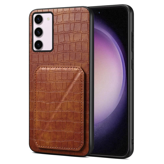 For Samsung Galaxy S23 5G Denior Imitation Crocodile Leather Back Phone Case with Holder(Brown)