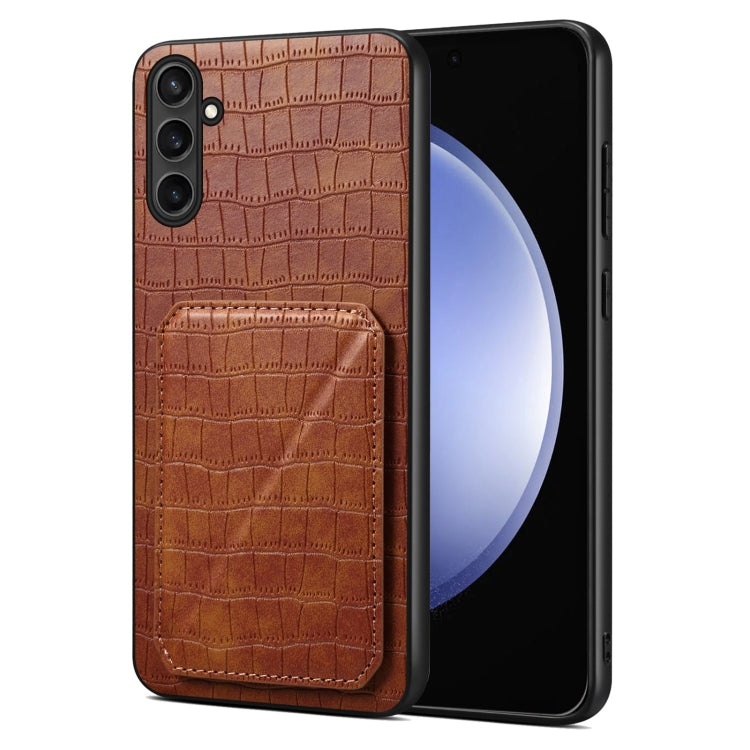 For Samsung Galaxy S23 FE 5G Denior Imitation Crocodile Leather Back Phone Case with Holder(Brown) - Galaxy S23 FE 5G Cases by Denior | Online Shopping South Africa | PMC TechLife
