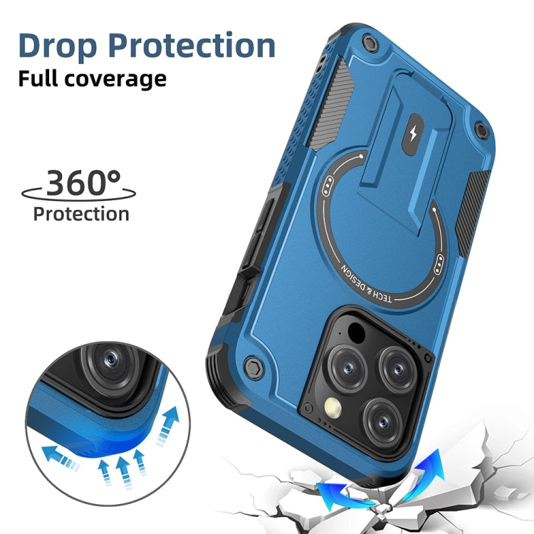 For iPhone 14 Plus Armor Magsafe Holder PC Hybrid TPU Phone Case(Dark Blue)