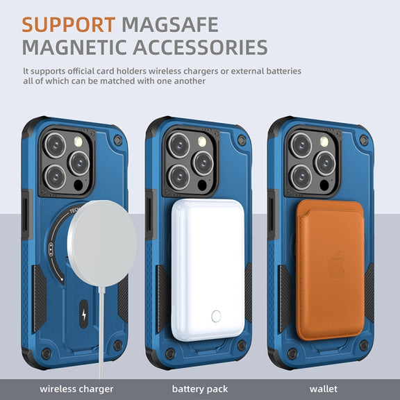 For iPhone 14 Plus Armor Magsafe Holder PC Hybrid TPU Phone Case(Dark Blue)