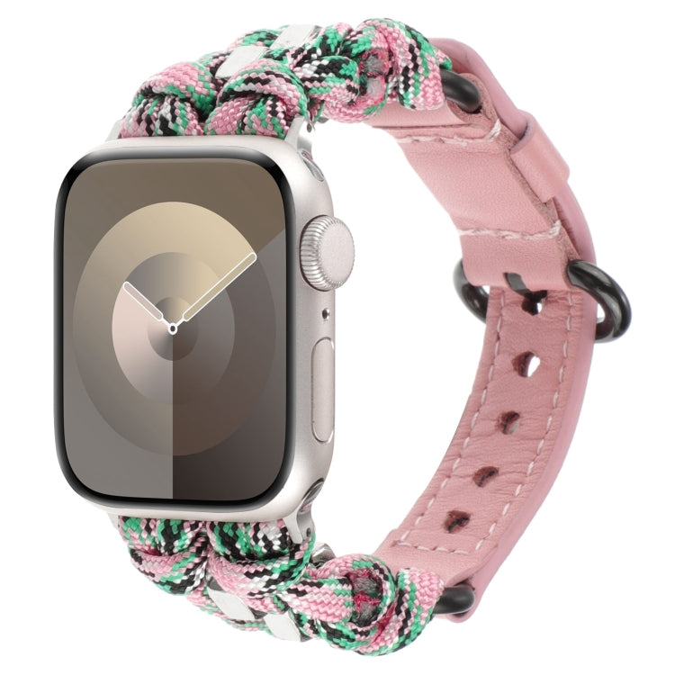 For Apple Watch Series 7 45mm Paracord Genuine Leather Watch Band(Pink Camo) - Watch Bands by PMC TechLife | Online Shopping South Africa | PMC TechLife