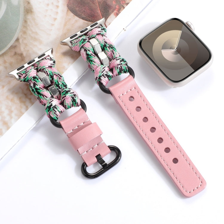 For Apple Watch Series 7 45mm Paracord Genuine Leather Watch Band(Pink Camo) - Watch Bands by PMC TechLife | Online Shopping South Africa | PMC TechLife