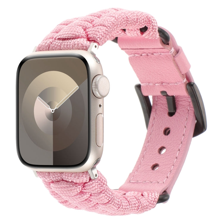 For Apple Watch SE 2023 44mm Plain Paracord Genuine Leather Watch Band(Pink) - Watch Bands by PMC TechLife | Online Shopping South Africa | PMC TechLife