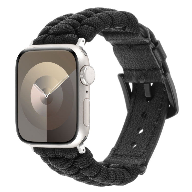For Apple Watch Series 9 41mm Plain Paracord Genuine Leather Watch Band(Black) - Watch Bands by PMC TechLife | Online Shopping South Africa | PMC TechLife