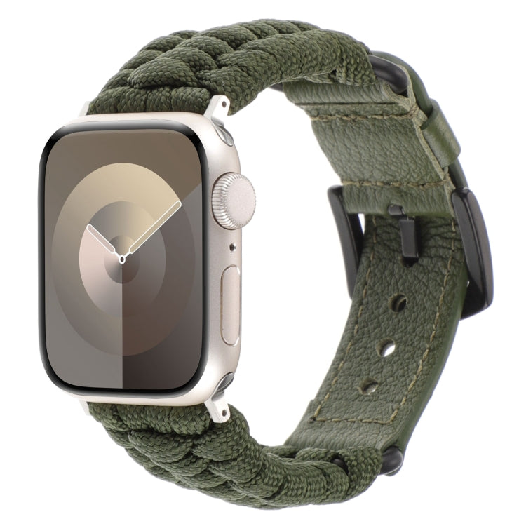 For Apple Watch Series 4 44mm Plain Paracord Genuine Leather Watch Band(Army Green) - Watch Bands by PMC TechLife | Online Shopping South Africa | PMC TechLife