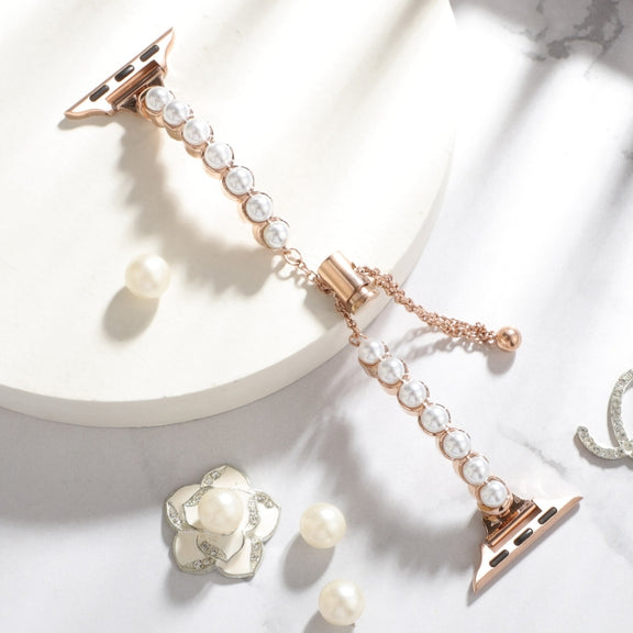 For Apple Watch 42mm Pearl Bracelet Metal Watch Band(Rose Gold)