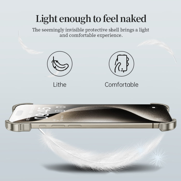 For iPhone 15 Pro Frameless Metal Corner Pad Phone Case with Lens Film(White)