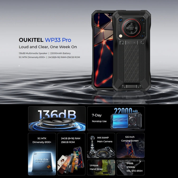 Oukitel WP33 Pro, 8GB+256GB, IP68/IP69K, Fingerprint Identification, 22000mAh, 6.6 inch MediaTek Dimensity 6100+ Octa-core, NFC, OTG, Network: 5G(Black)
