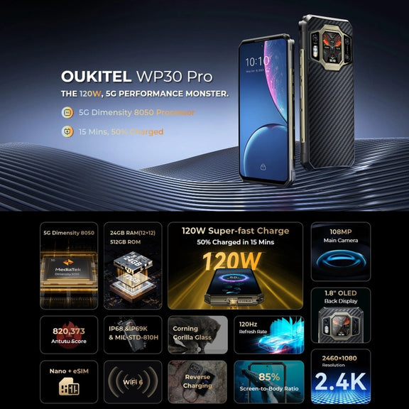 Oukitel WP30 Pro 5G, 12GB+512GB, IP68/IP69K, 108MP Camera, 11000mAh, 6.78 inch + 1.8 inch MediaTek Dimensity 8050 Octa-core 3.0GHz, NFC, OTG, Network: 5G(Black)