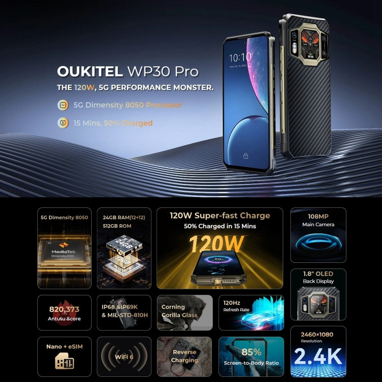 Oukitel WP30 Pro 5G, 12GB+512GB, IP68/IP69K, 108MP Camera, 11000mAh, 6.78 inch + 1.8 inch MediaTek Dimensity 8050 Octa-core 3.0GHz, NFC, OTG, Network: 5G(Black)