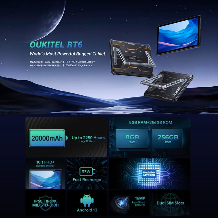 OUKITEL RT6 4G Network IP68/IP69K Rugged Tablet, 8GB+256GB, 10.1 inch Android 13 MediaTek MT8788 Octa Core Support Dual SIM, EU Plug(Black)