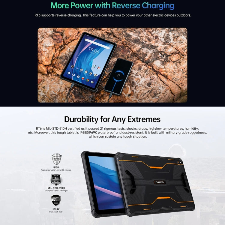 OUKITEL RT6 4G Network IP68/IP69K Rugged Tablet, 8GB+256GB, 10.1 inch Android 13 MediaTek MT8788 Octa Core Support Dual SIM, EU Plug(Black)