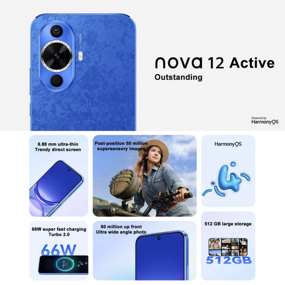 Huawei nova 12 Active, 8GB+512GB, Screen Fingerprint Identification, 6.7 inch HarmonyOS 4.0 Qualcomm Snapdragon 778G 4G Octa Core, Network: 4G, NFC, OTG, Not Support Google Play(Black)