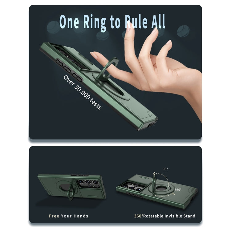 For Samsung Galaxy S23 Ultra 5G Camshield MagSafe Ring Holder Armor Phone Case(Deep Green)