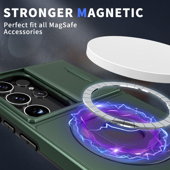 For Samsung Galaxy S22 Ultra 5G Camshield MagSafe Ring Holder Armor Phone Case(Deep Green)