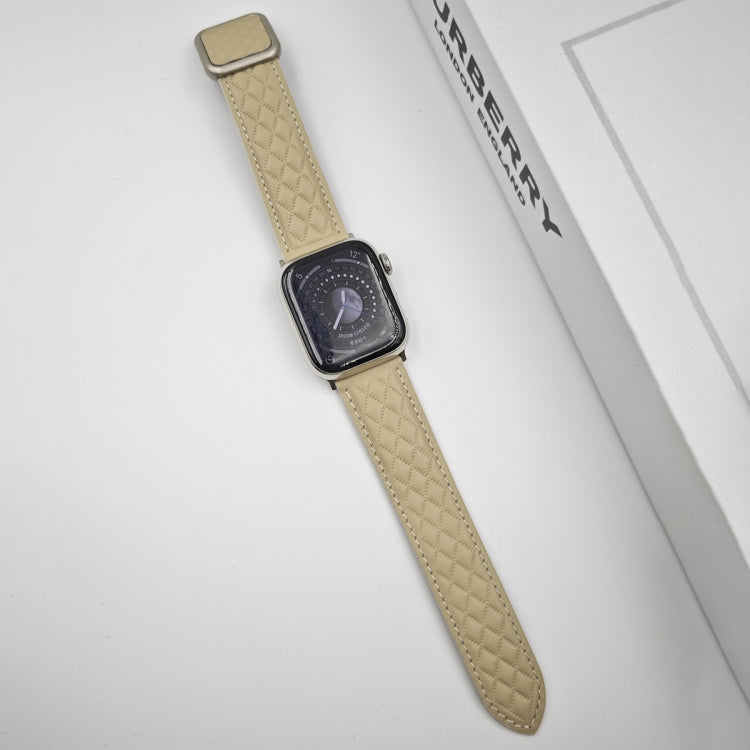 For Apple Watch Series 9 45mm Rhombus Pattern Magnetic Square Buckle Leather Watch Band(Starlight Color) - free shipping - PMC TechLife - Order now!