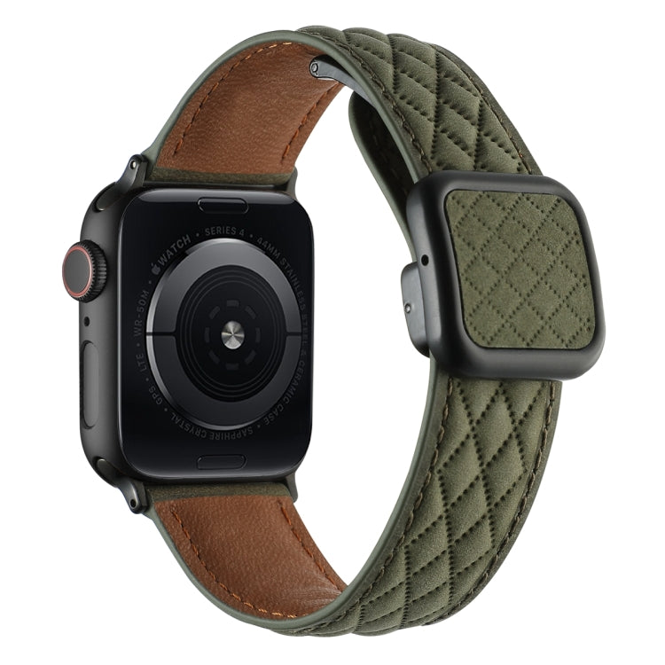 For Apple Watch SE 2022 44mm Rhombus Pattern Magnetic Square Buckle Leather Watch Band(Army Green) - free shipping - PMC TechLife - Order now!