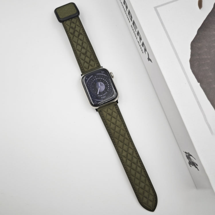 For Apple Watch SE 2022 44mm Rhombus Pattern Magnetic Square Buckle Leather Watch Band(Army Green) - free shipping - PMC TechLife - Order now!