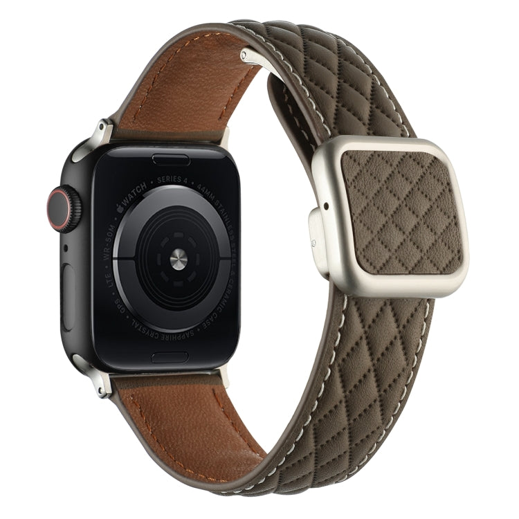For Apple Watch Series 4 44mm Rhombus Pattern Magnetic Square Buckle Leather Watch Band(Brown) - free shipping - PMC TechLife - Order now!