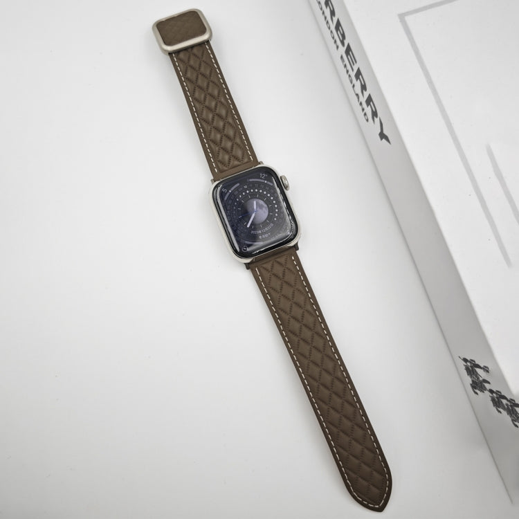 For Apple Watch Series 4 44mm Rhombus Pattern Magnetic Square Buckle Leather Watch Band(Brown) - free shipping - PMC TechLife - Order now!