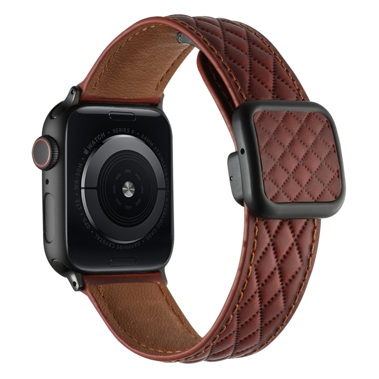 For Apple Watch Series 3 42mm Rhombus Pattern Magnetic Square Buckle Leather Watch Band(Red) - Watch Bands by PMC TechLife | Online Shopping South Africa | PMC TechLife | Buy Now Pay Later Mobicred