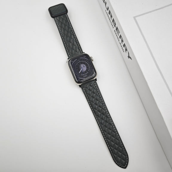 For Apple Watch 38mm Rhombus Pattern Magnetic Square Buckle Leather Watch Band(Dark Green)