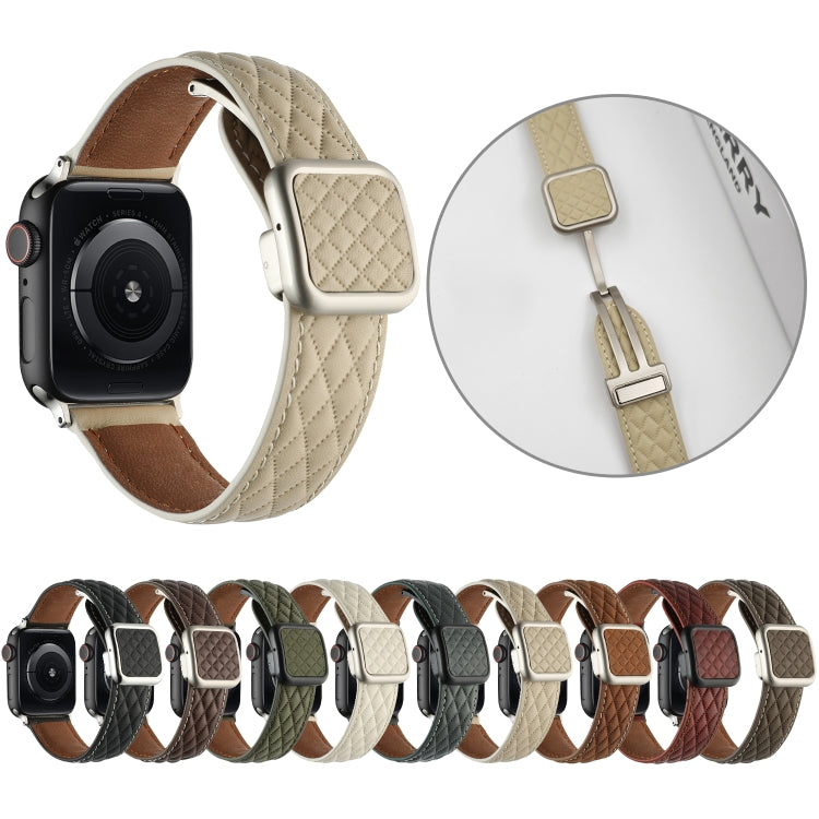 For Apple Watch Series 9 45mm Rhombus Pattern Magnetic Square Buckle Leather Watch Band(Red)